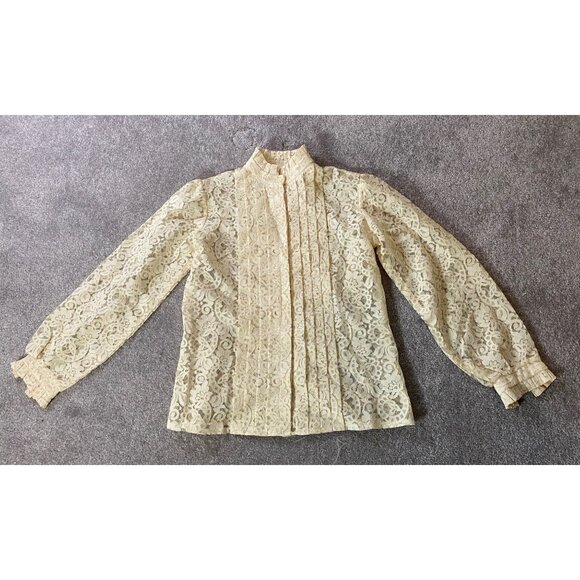 Vintage Ivory Lace Long Sleeve Blouse High Ruffled Neck Pleated Front - Picture 2 of 8
